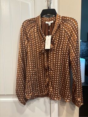 Anthropologie Haver & Blair Brown and White Polka Dot Tie-Neck Blouse